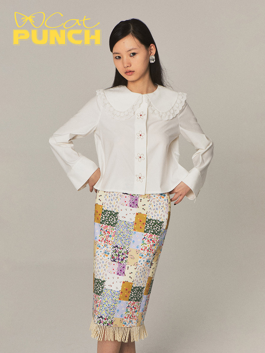 Frill-Collar Flower Girly Cute Beads Blouse