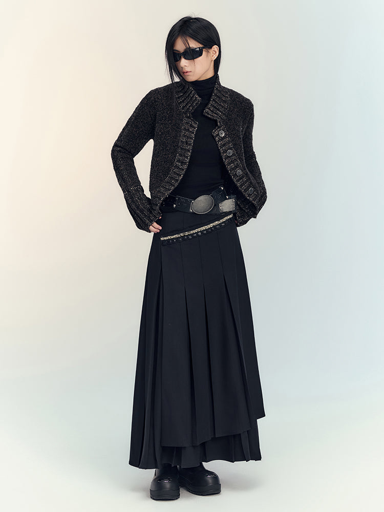 Box-Pleats Flare Glitter Plain Long-Skirt