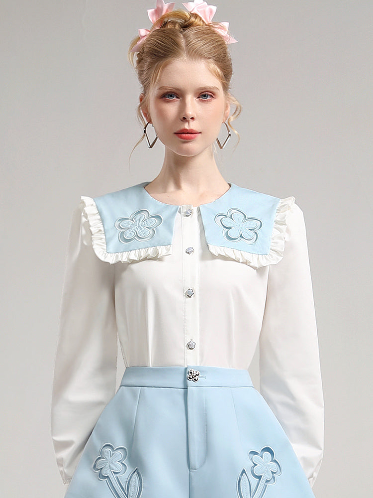Set-Up Big-Collr Frill Flower Retro Cute Tops&Short-Pants