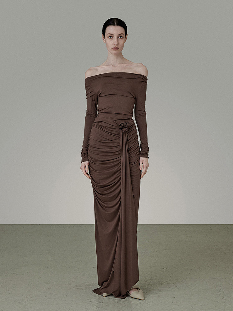 Set-Up Classy Plain Stretch Frill Drape Off-Shoulder Gather Cutsew&Long-Skirt