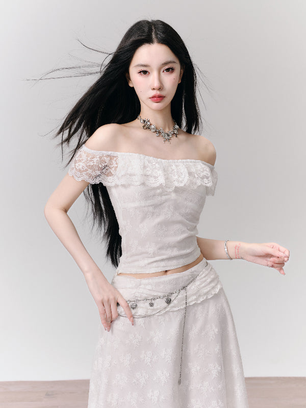 Set-Up Off-Shoudler Lace Feminine Flower Feminine Tops&Skirt