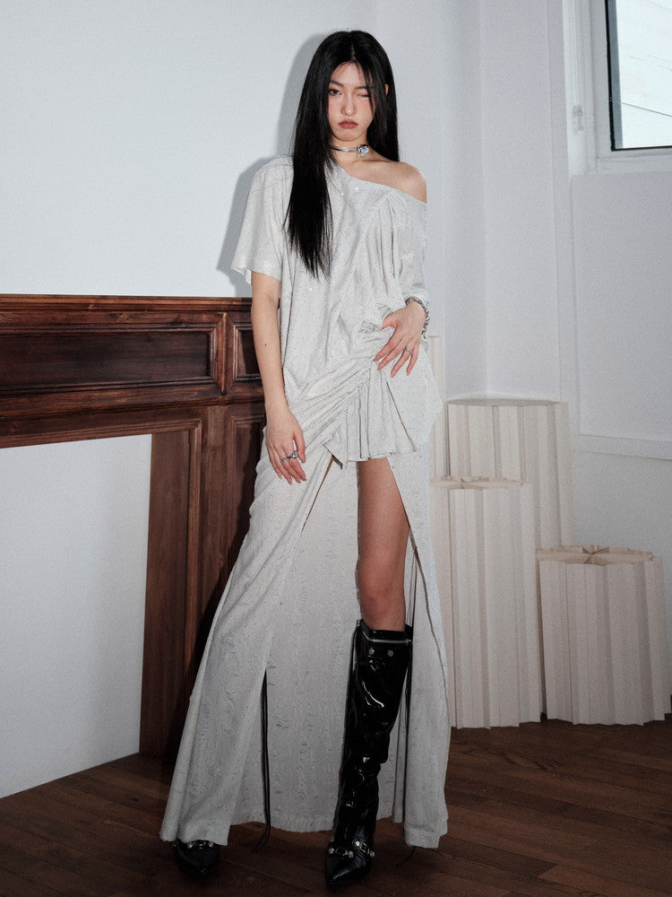 T-Shirt&Long-Skirt Asymmetry Loose One-Shoulder Casual Nichi Set-Up