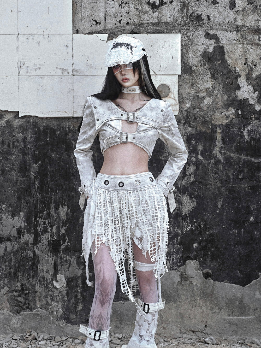 고딕 빈티지 비대칭 니치 손상 메쉬 헴 스커트