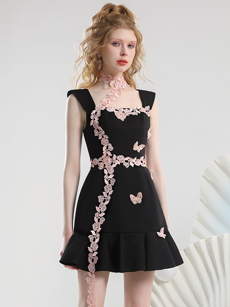 Lace Butterfly Feminine Asymmetry Tiered Short One-Pieec