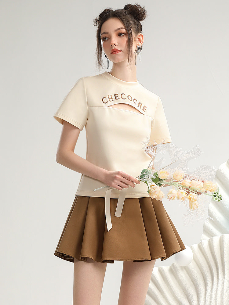 Set-Up Casual Fount-Cut Falre Pleats T-Shirt&Suspenders-Skirt