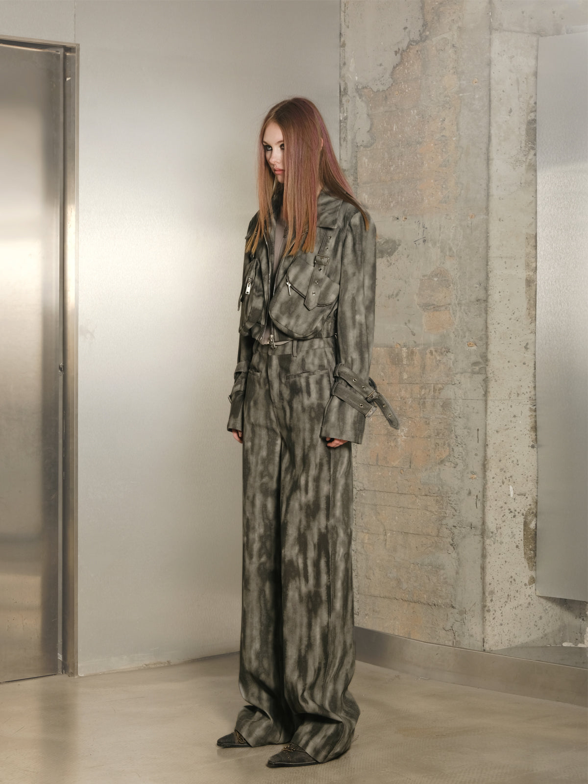 Set-Up Tie-Dye Leather Pocket Vintage Jacket&Loose-Pants