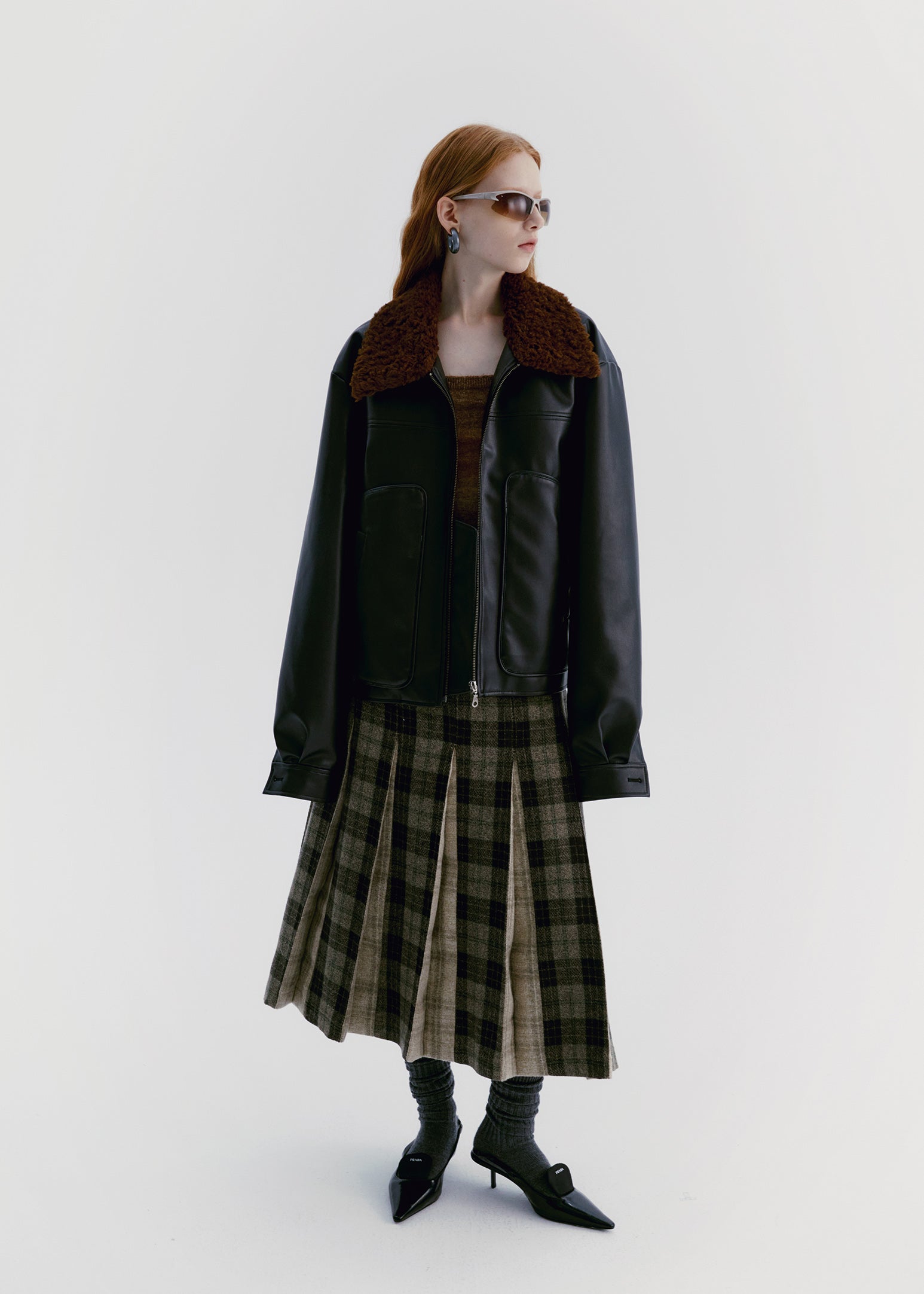 Checked Wool Boc-Pleats Retro Long-Skirt