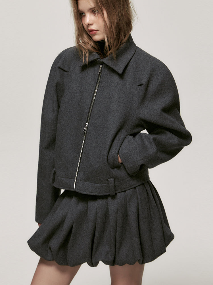 Set-Up Casual Simple Suit Wool Short-Jacket&Balloon-Skirt