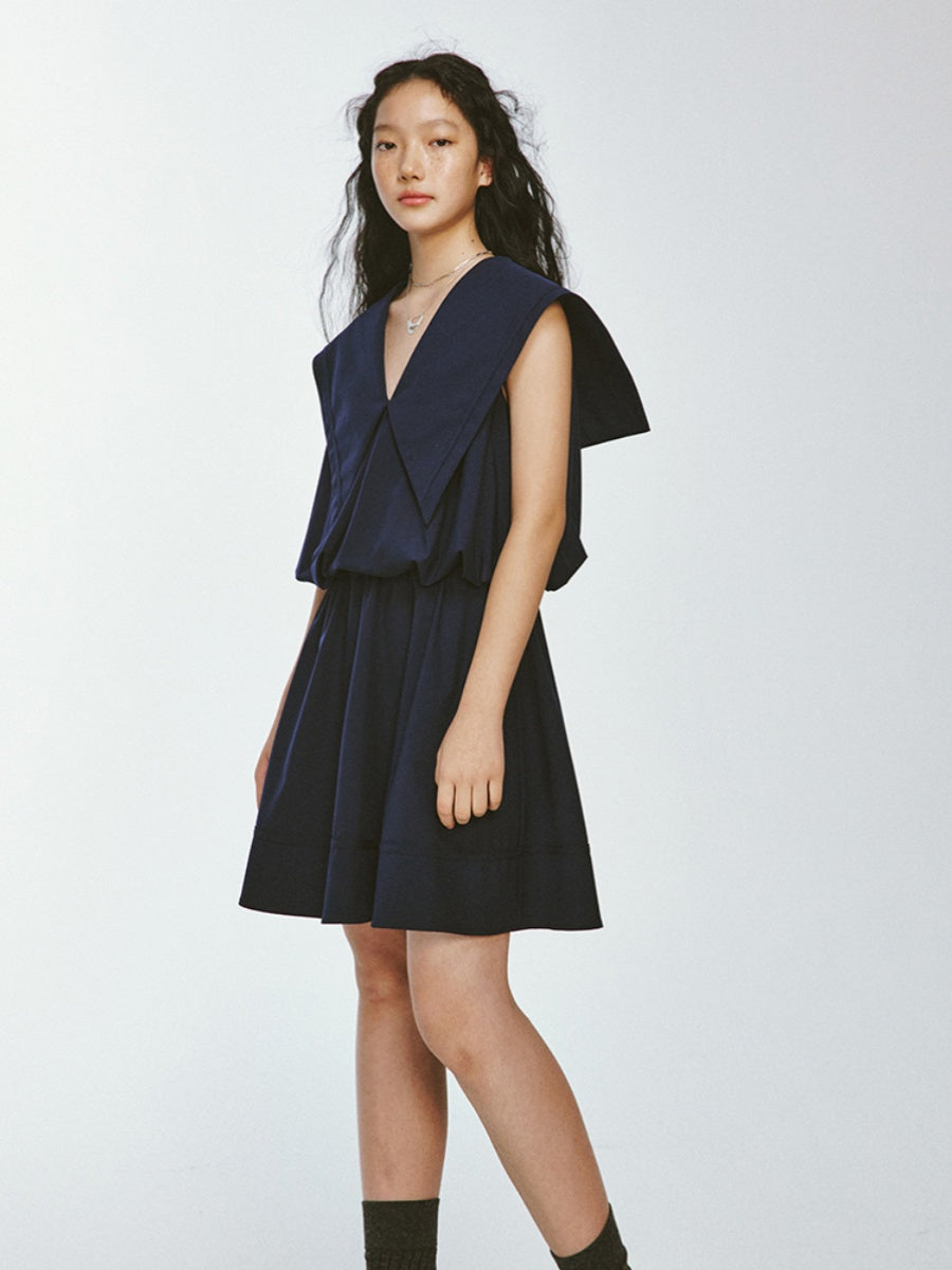 Sailor-Collar Big-Collar V-Neck Loose No-Sleeve Short Chic One-Piece