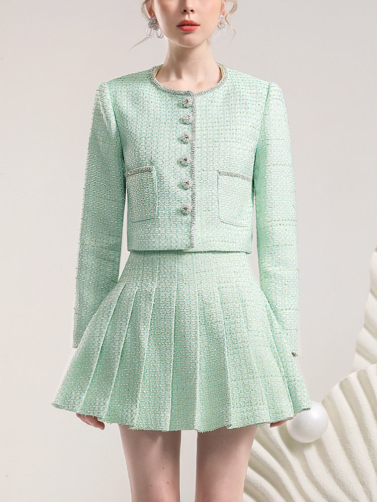 Jacket&Mini-Skirt Tweed Suit Pleats Classy Retro Set-Up