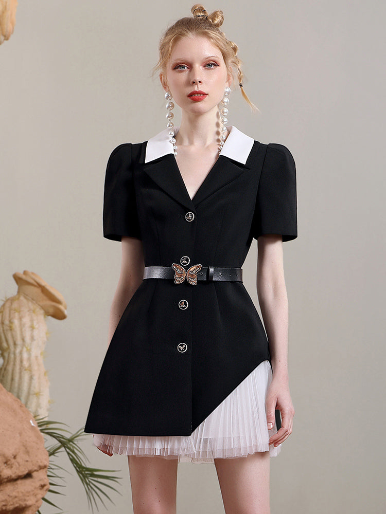 Pleats Tulle Mix V-Neck One-Piece