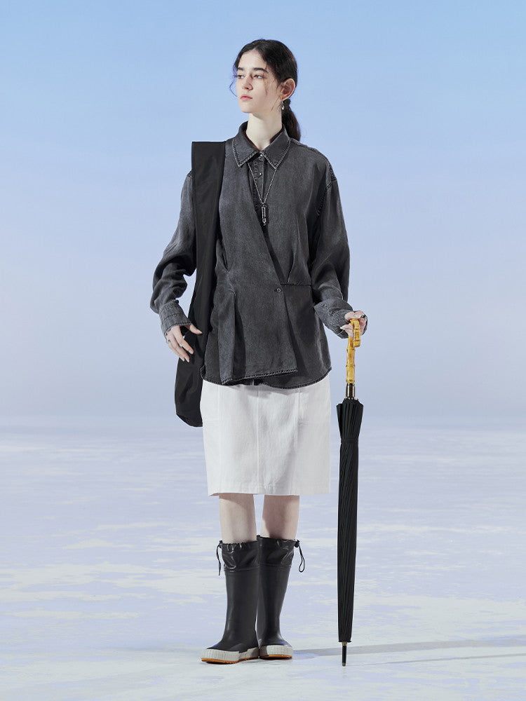 데님 비대칭 드레이프 니치 씻기 셔츠