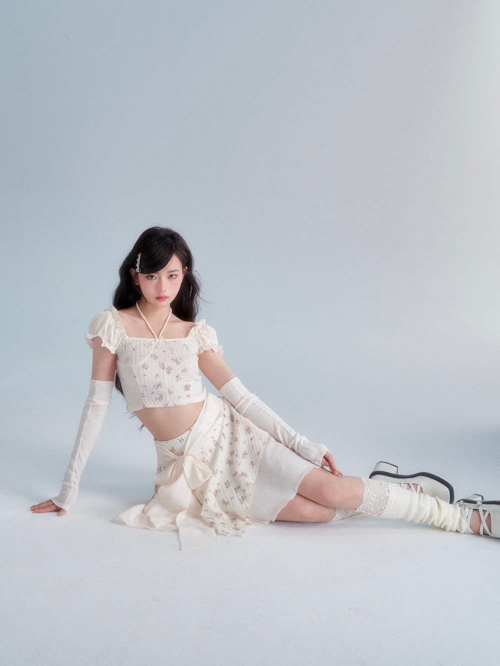 Glove Flower Cropped Fit Frill Ribbon asymmetry Tops & Skirt