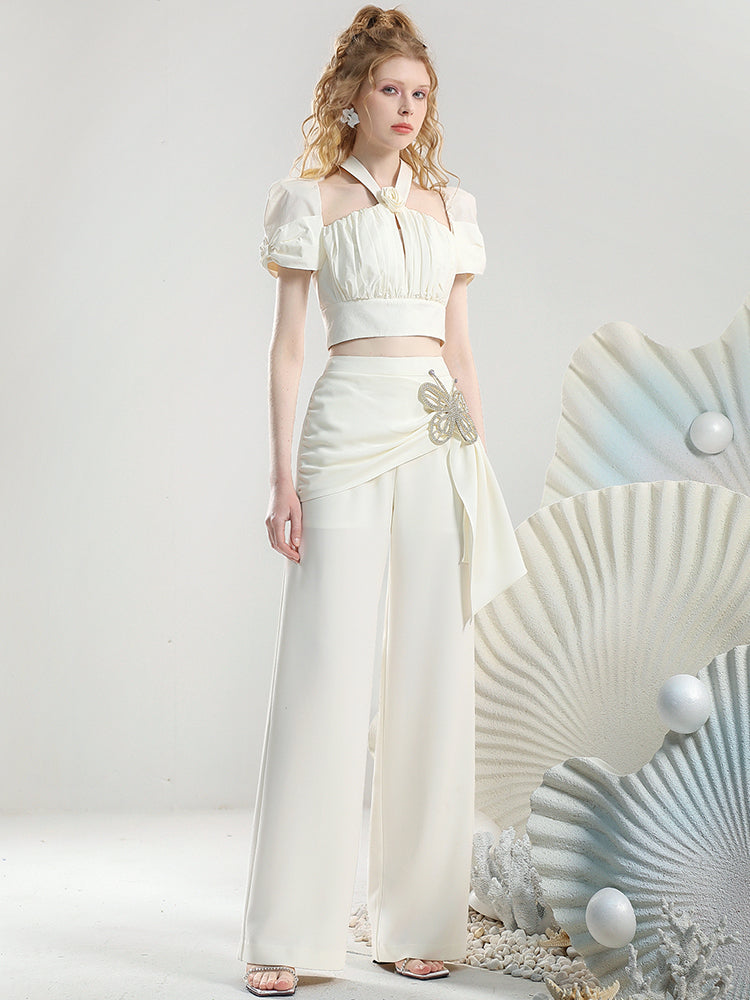 Halter-Neck Chic Suit Set-Up Ribbon Short- Tops&Wide-Pants