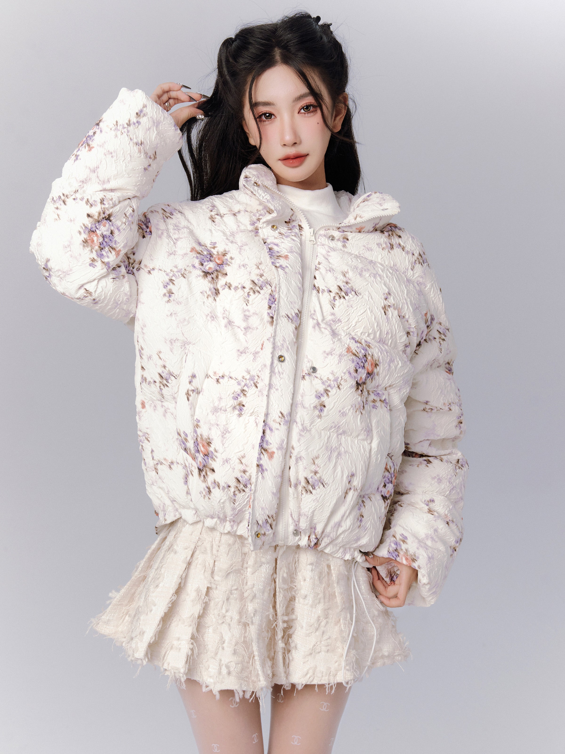 Flower Stand-Collar Cotton Pleats Embroidery Down-Jacket&Mini-Skirt