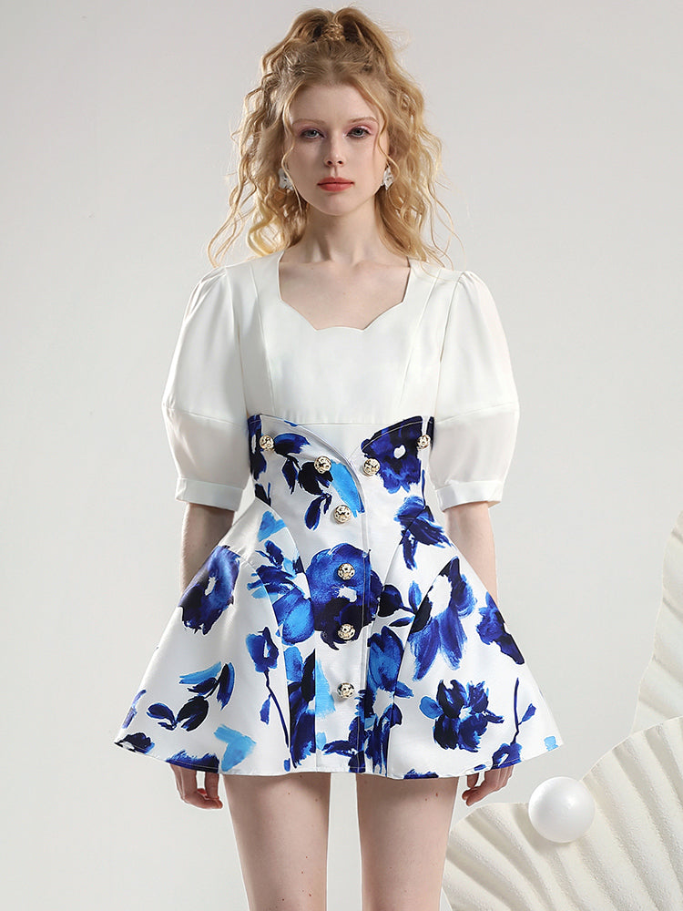 2Type Set-Up Puff-Sleeve High-Waist Flower Chic Tops&Skirt
