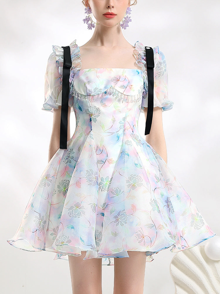 Fairy Gradation Flower Fluffliy Rose Nichi Feminine Ciffon One-Piece