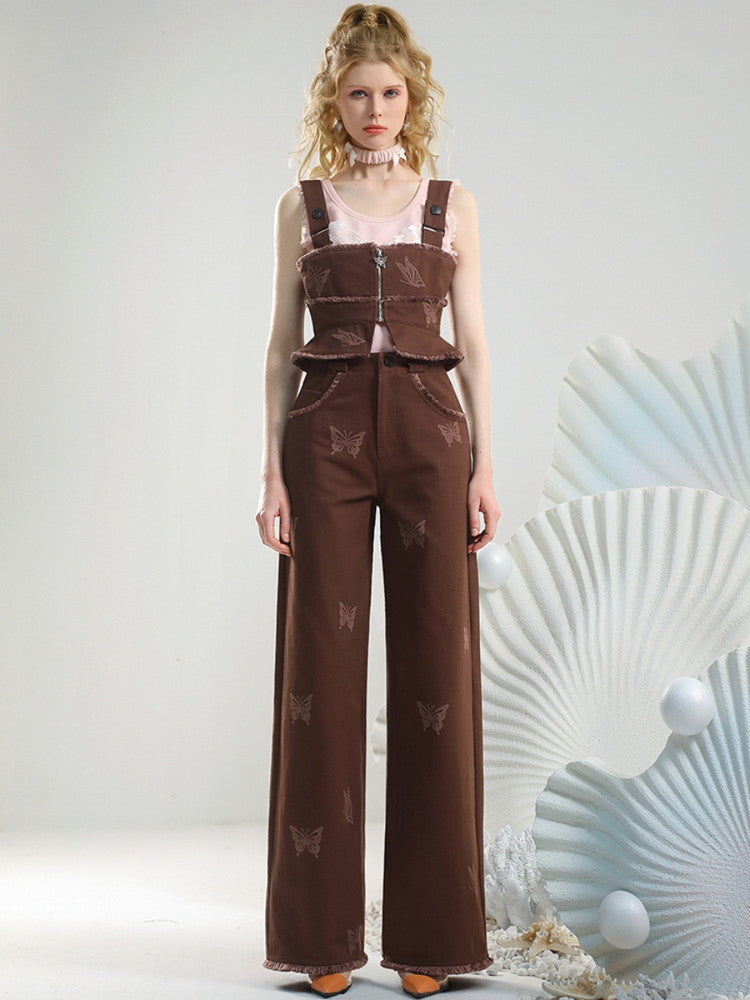 Set-Up Denim Peplum Pants Retro Butterfly Embroidery Overall Tops&Pants