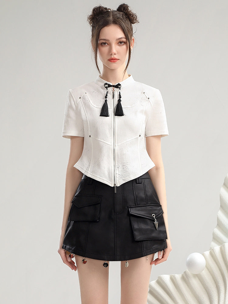 Set-Up Tassel Zip Coin Nichi Tops&Leather-Skirt