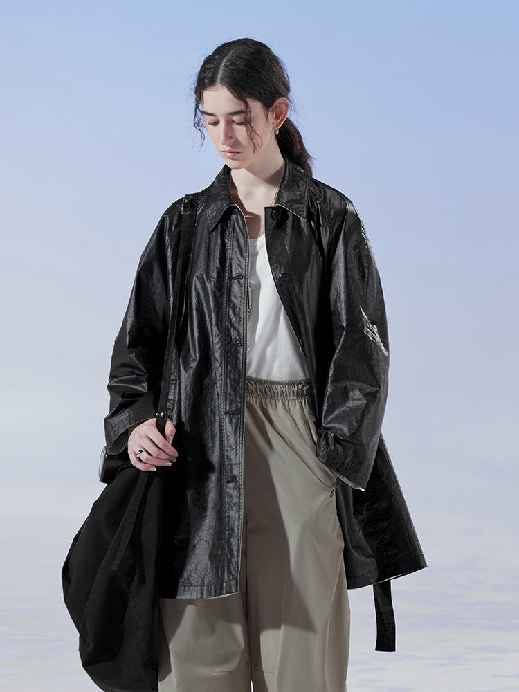 Smooth Cool Bi-Color Belt Plain Oversize Leather-Jacket