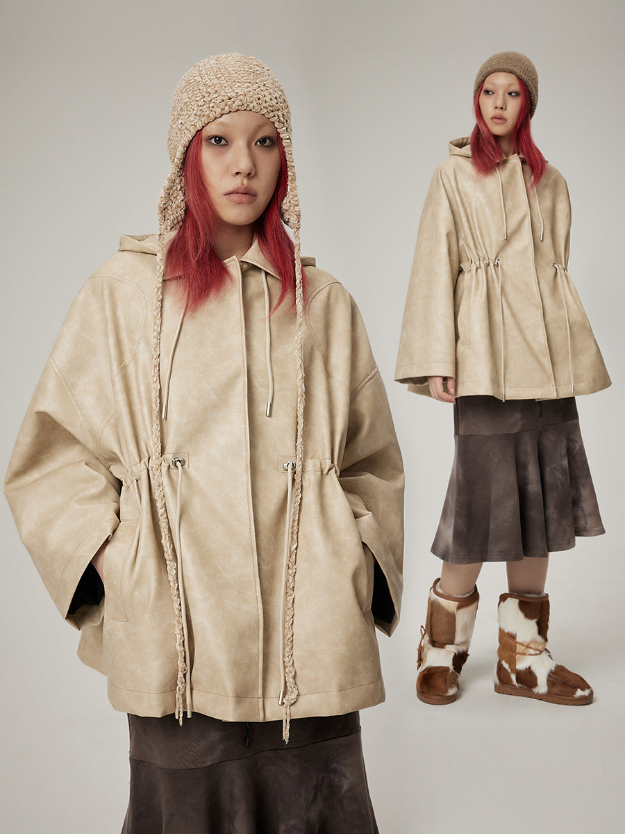 Leder Draw String Hoodie Casual Oversize Jacke