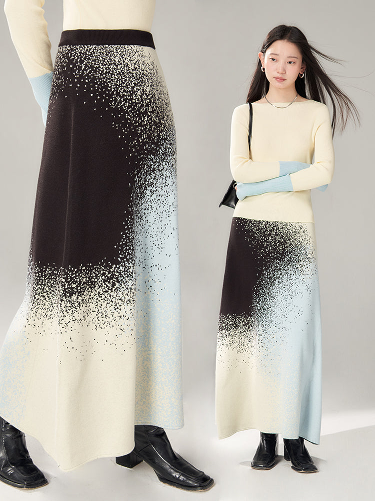 설치 스프레이 그라데이션 v- 넥 시키 딕 니트 및 장거리 스커트