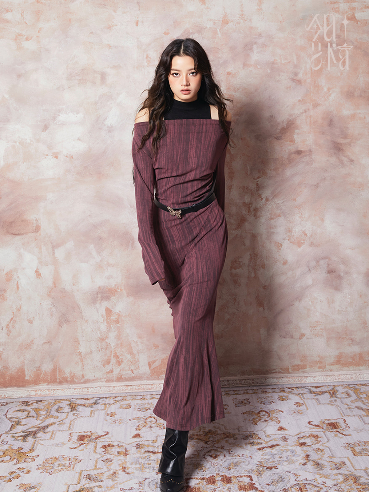 Open-Shoulder Retro Long Chic Drape 2Way One-Piece