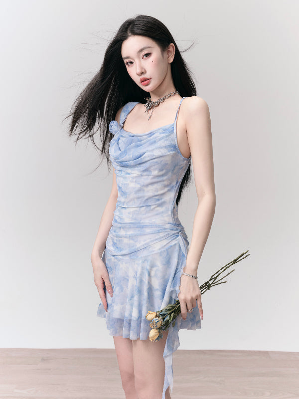 Tie-Dye Camisole Flower Ruffle Short Flrae One-Piece