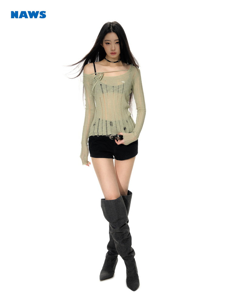 깎아 지른 저가 게이지 캐주얼 한 숄더 메쉬 니치 니트