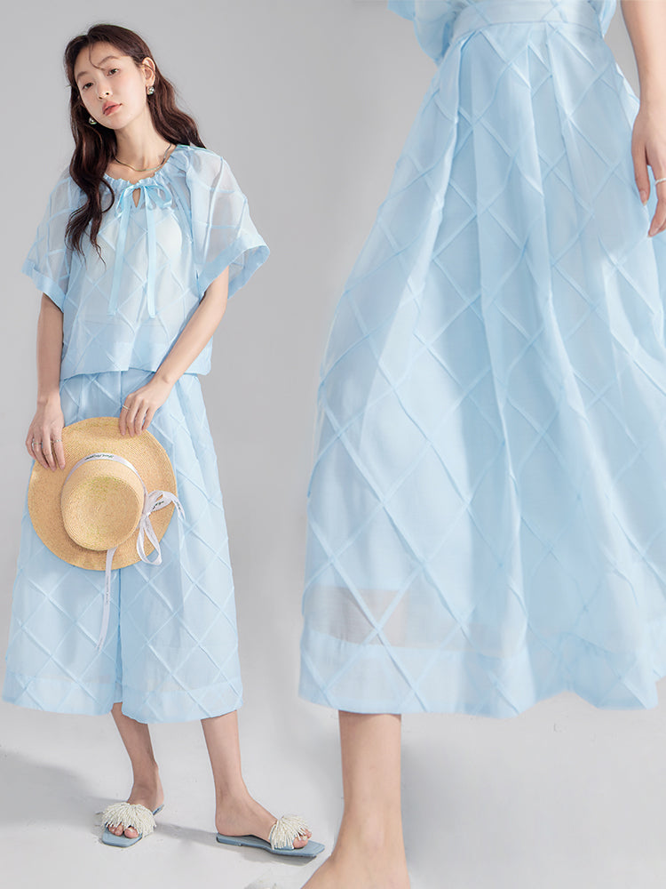 Refreshing Ribbon Checked Sheer Blouse & Flare-Slirt