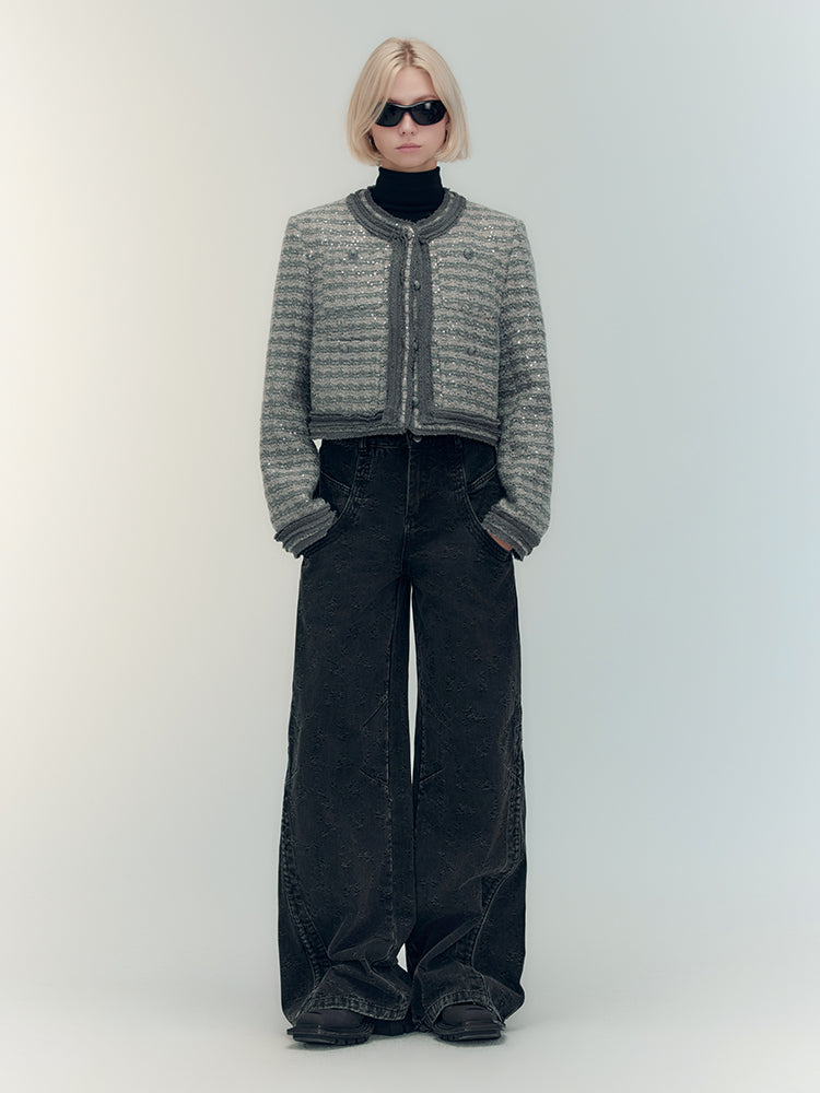 Set-Up Suit Sequins Elegant No-Collar-Jacket&Mini-Skirt