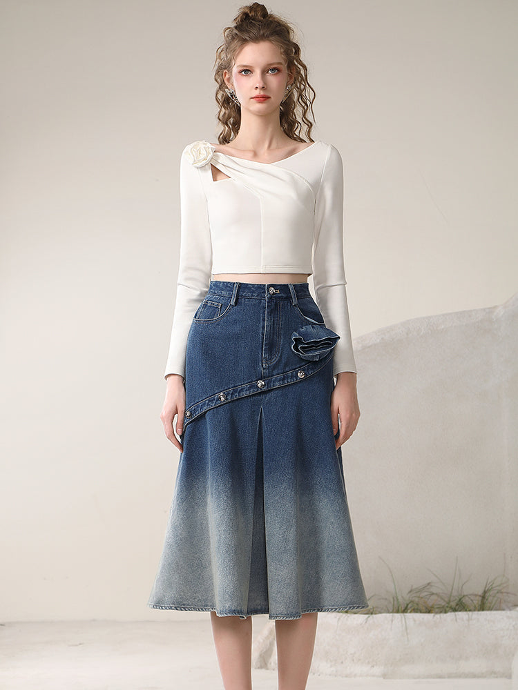 Set-Up rose Cut Nichi Gradation Denim Casual Cutsew&Long-Skirt