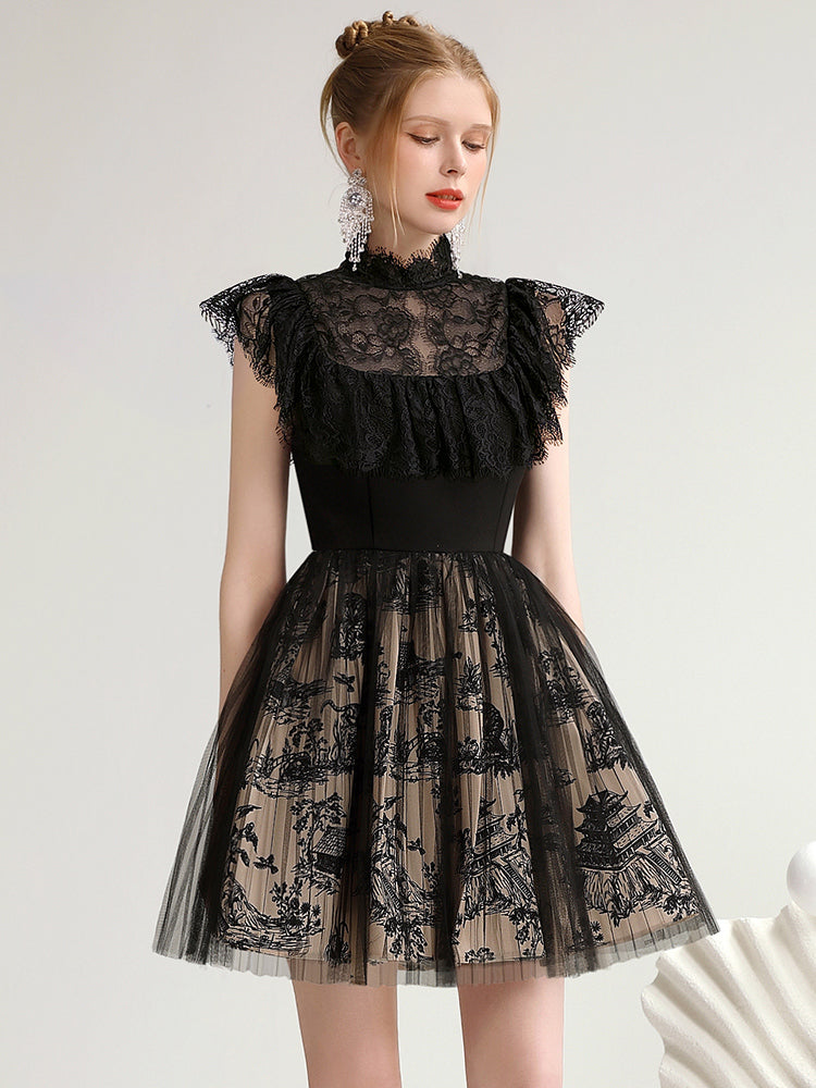 Flace Feminine Chic Falre Flower Party Sheer Dress