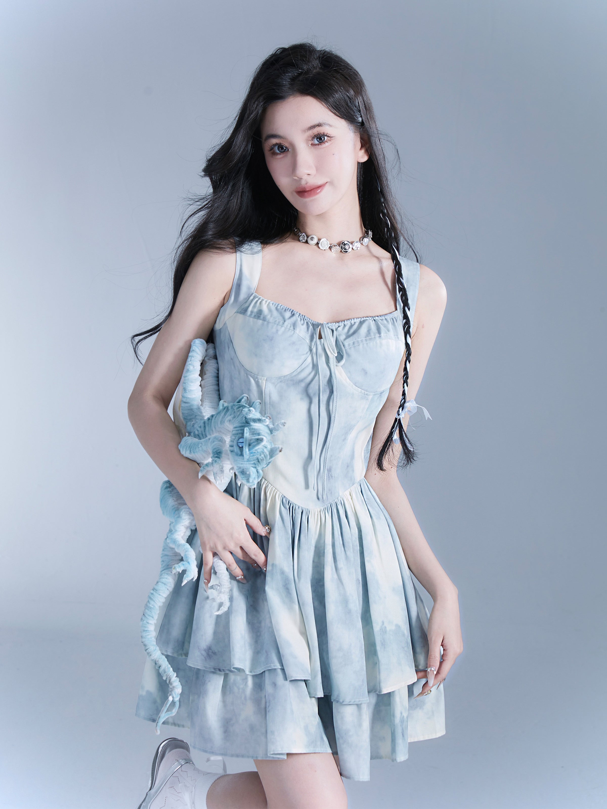 넥타이 염색 계층화 된 드로 스트링 상쾌한 원피스