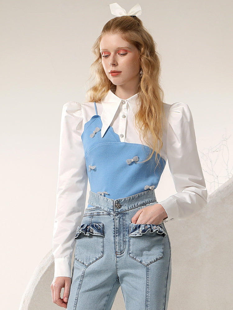 Knit&Shirt Ribbon Fake-Layered Docing Nichi Retro Tops
