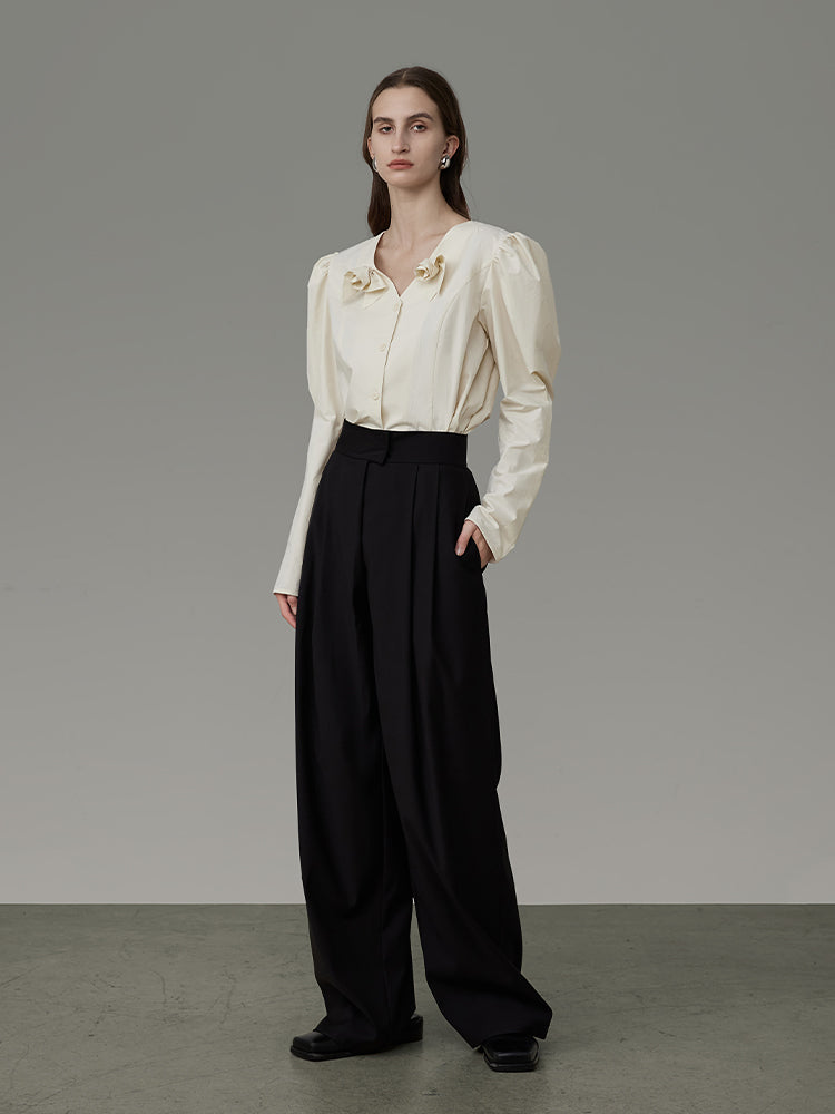 No-Collar Rose-Motif Power-Shoulder Classy Blouse