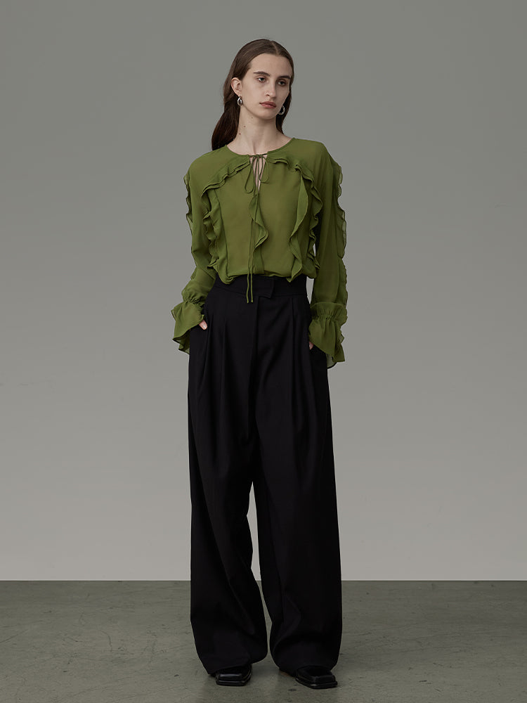 Ciffon Ruffle Drawstring Loose Chic Blouse