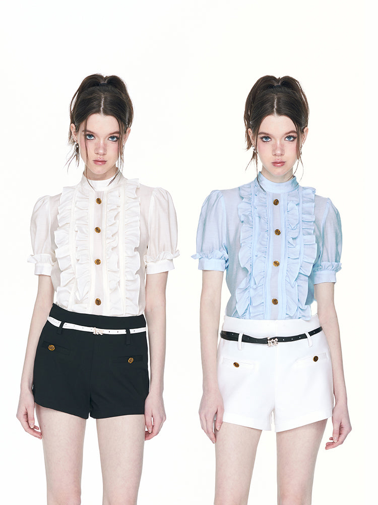 Frill Classy Retro Chic Blouse & Short-Pants