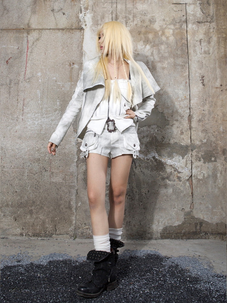 Drawstring Flower Cut-Off Nichi-Zip Mini-Skirt