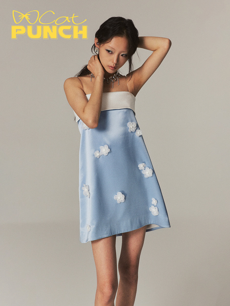 Satin Flower A-Line Short Camisole Bi-Color Glossy One-Piece