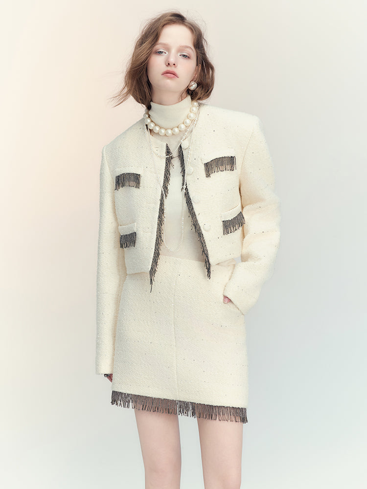 Tassel Wool No-Collar Chic 고급 재킷 미니 스커트