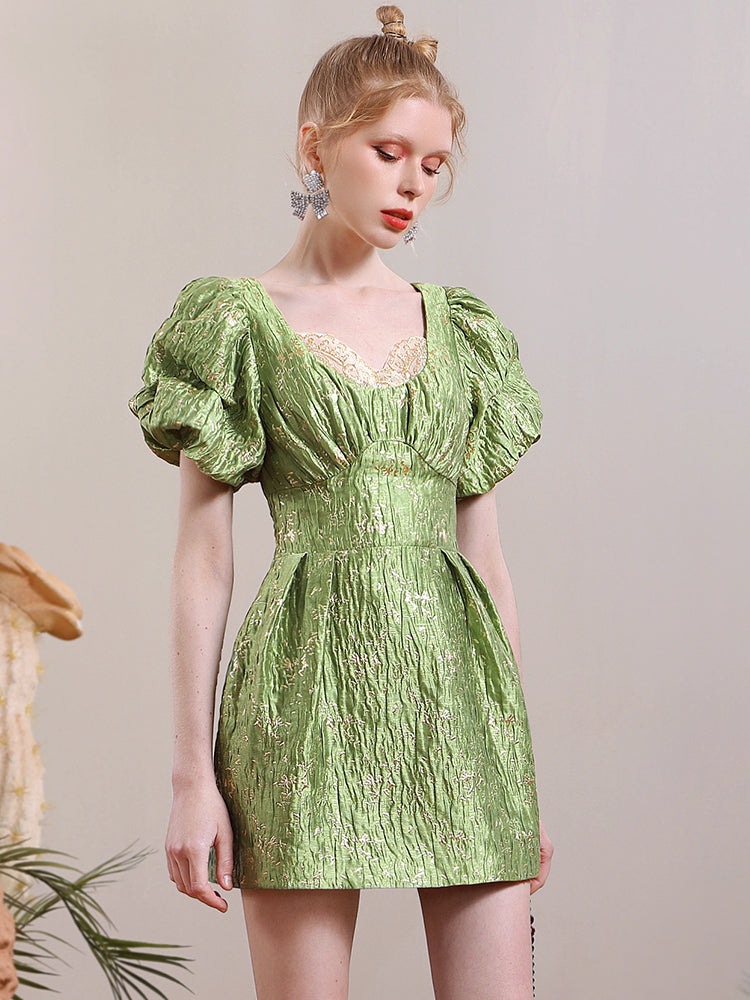 Glossy Unique Wrinkled Puff-sleeve Chic One-piece