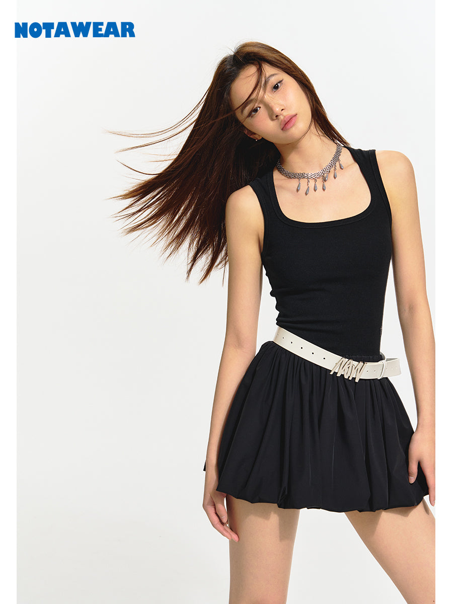SQUARE-NECK FLUFFILY MINI SLEEVELESS ONE-PIECE