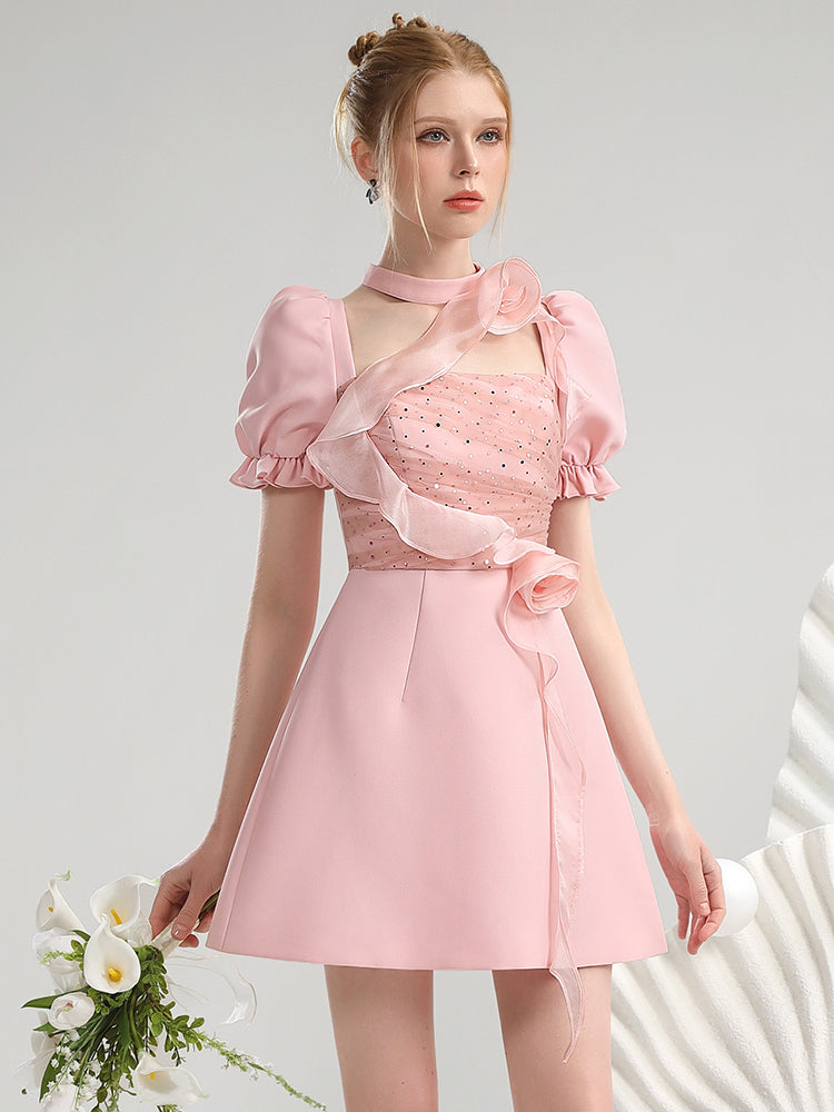 Rose Asymmetry Ciffon Puff-Sleeve Ruffle Short Flare Short Dress