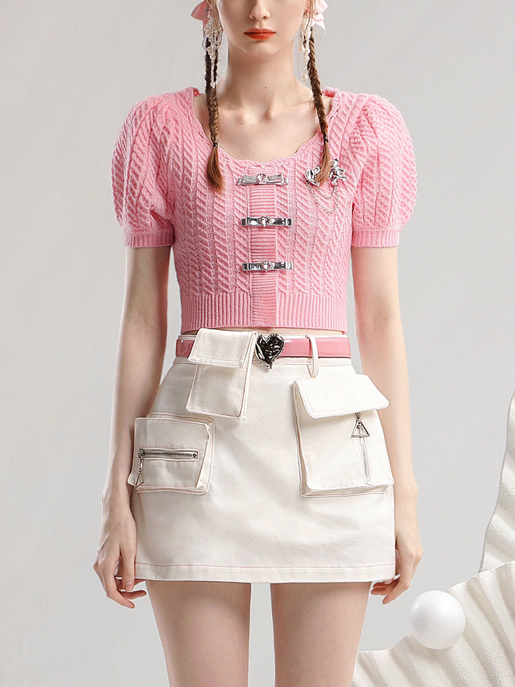 Set-Up Summer-Knit Feminine Pocket Casual Ribbno Metal Knit&Mini-Skirt