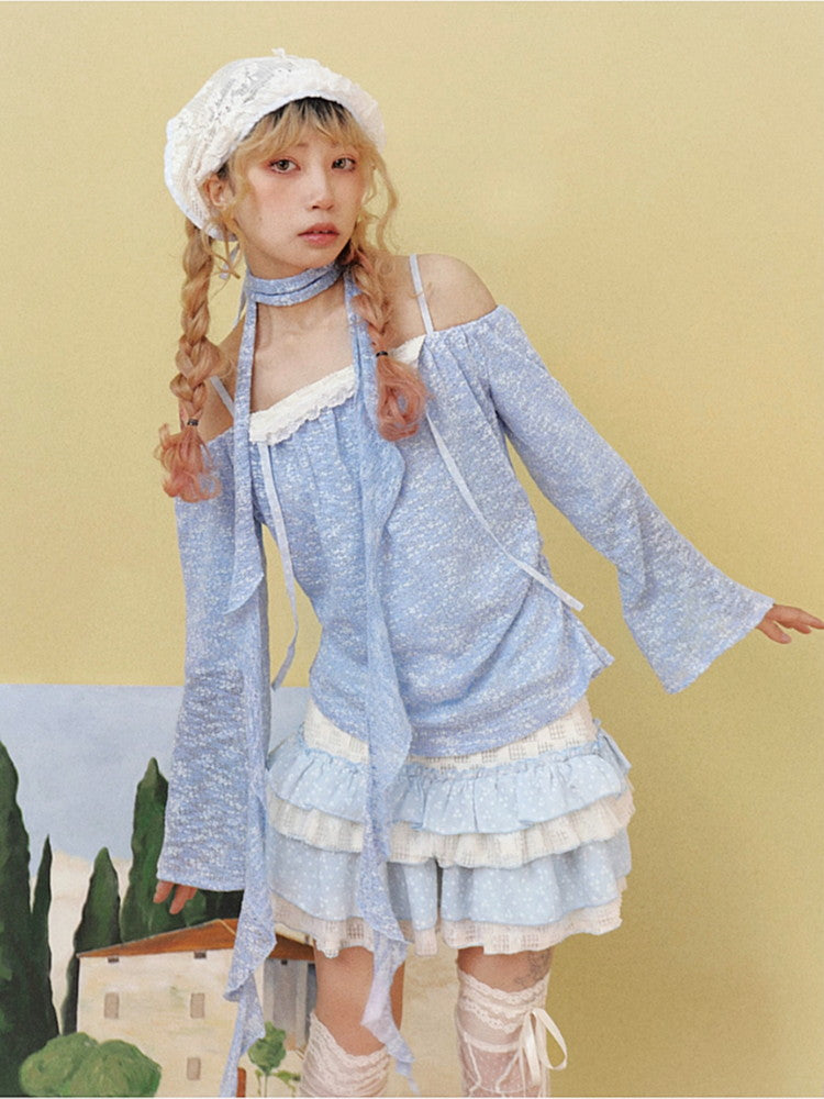 Open-Shoulder Lace Flare-Sleeve Thin Tops