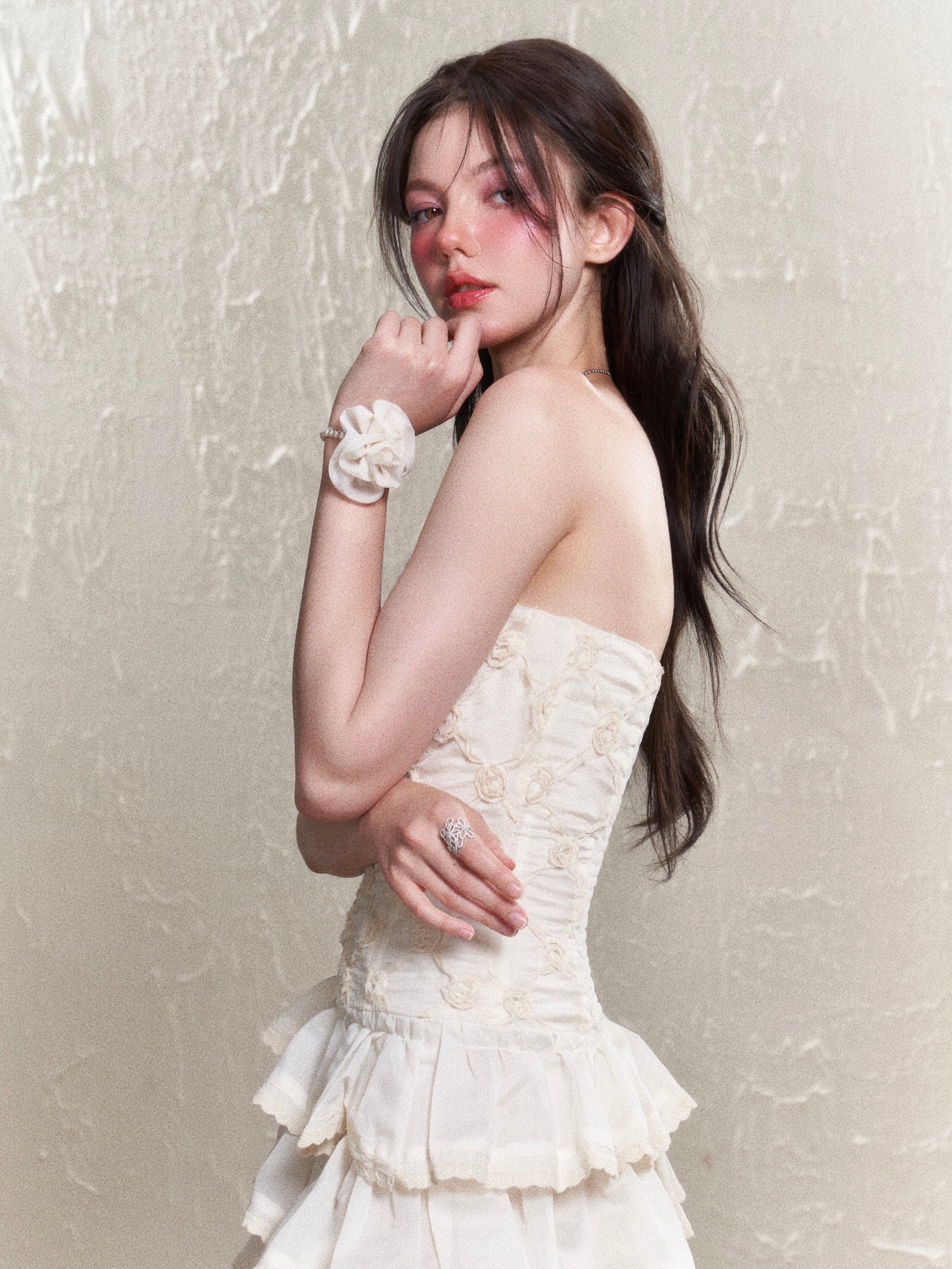Puff-Sleeve Ciffon Tiered Halter-Neck Sweet One-Piece & Bracelet