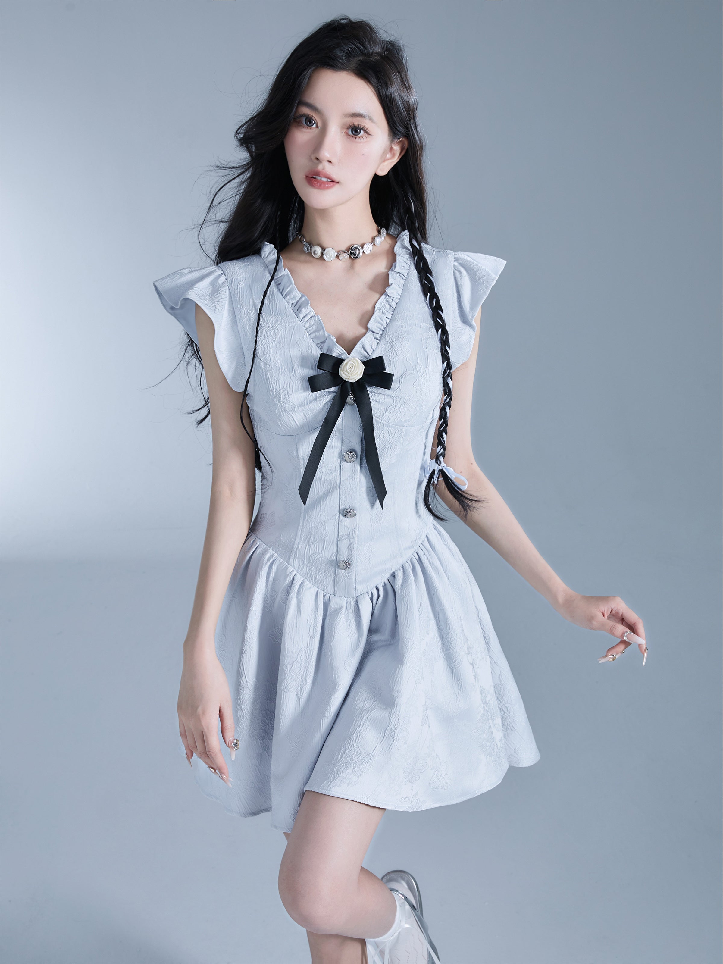 V-Neck Frill Ribbon Fluffily One-Piece