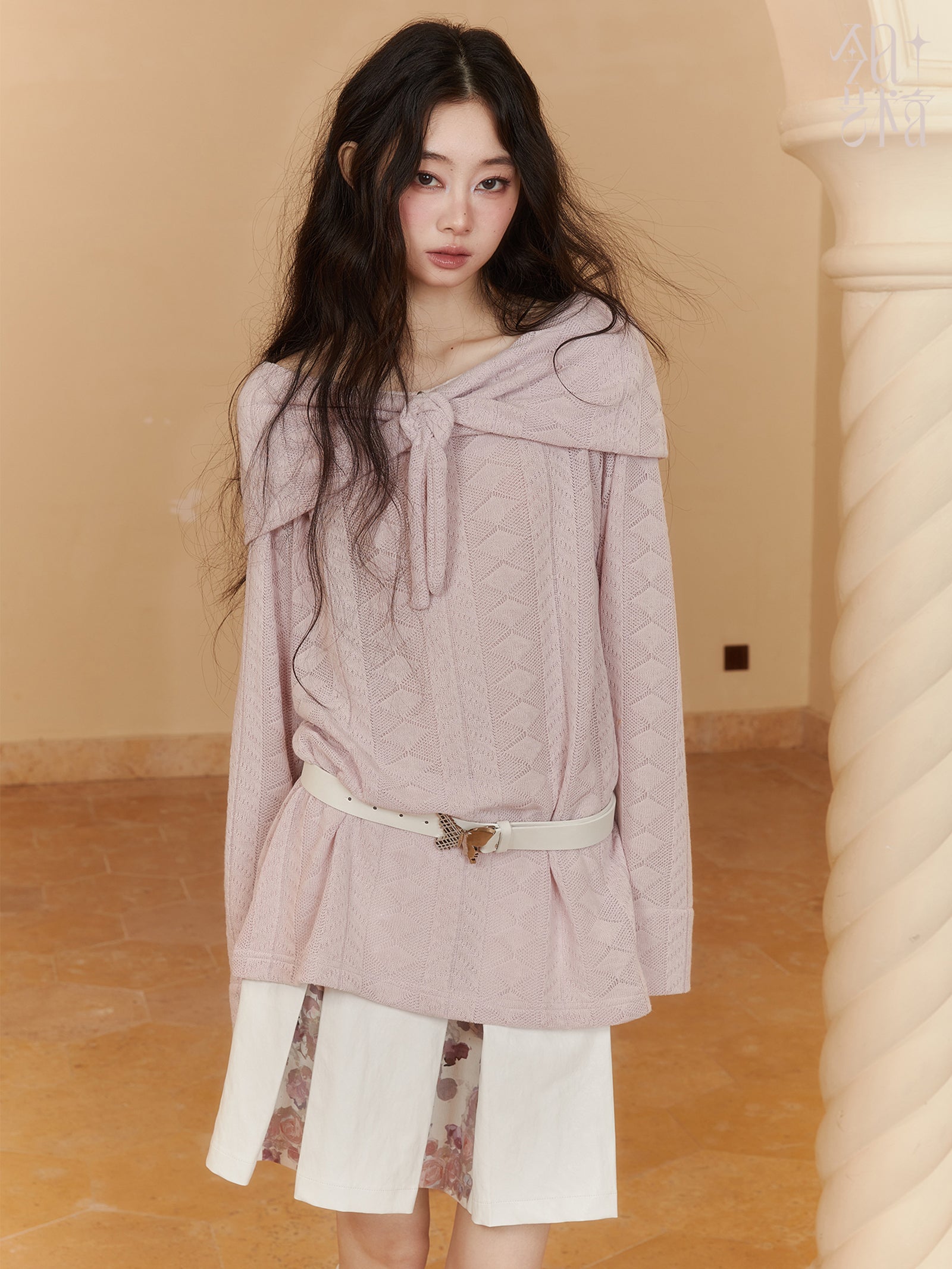 리본 로즈 루즈 오프숄더 2Way 롱 니트