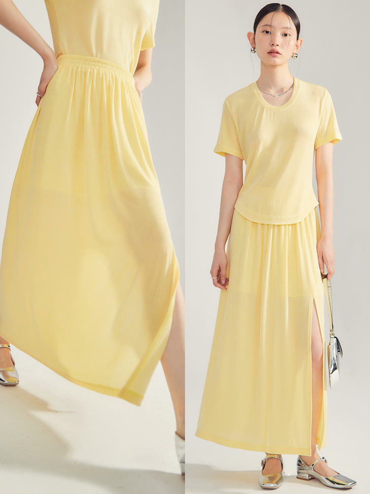 Simple Natural Crew-Neck Plain T-Shirt&Long-Skirt